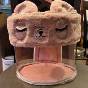 Plush Pink Bear plastic zip up  cosmetic container with handle
